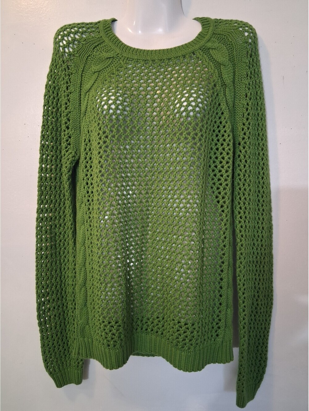 Kenar Women's Chartreuse Open Cable Knit Mesh Pullover Sweater, Lg